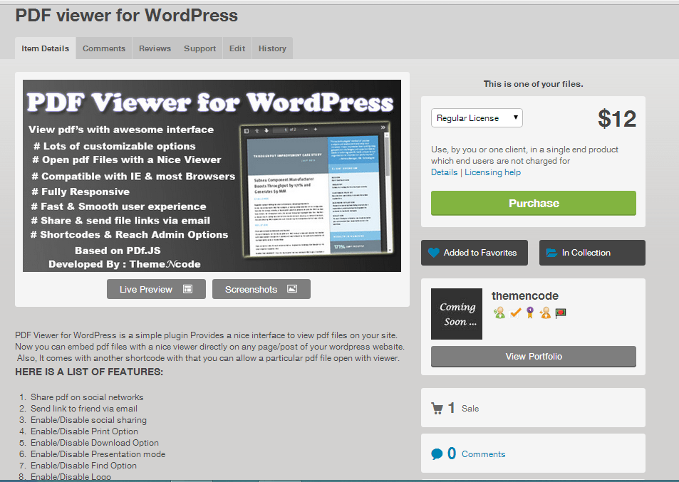 PDF viewer for WordPress Plugin Approved on Codecanyon & first sale within less than 1 hour
