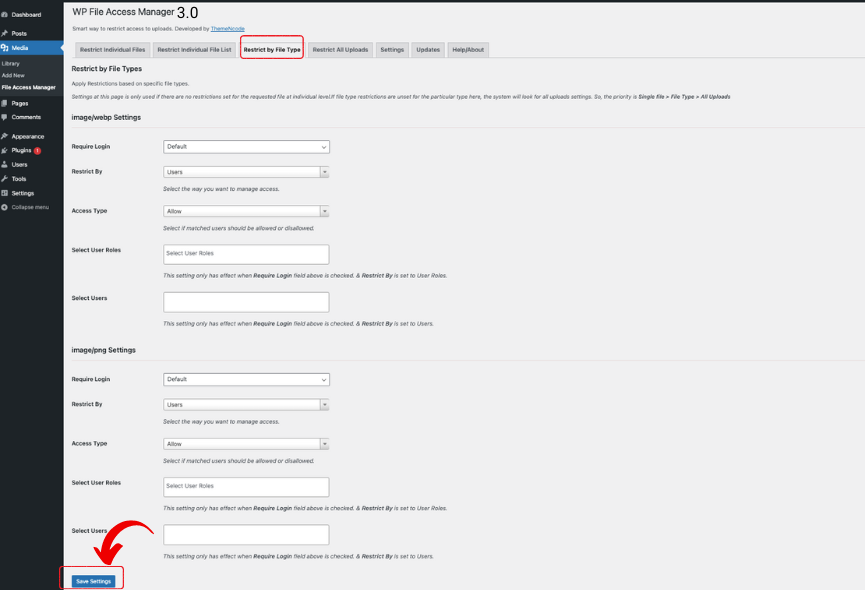 Restrictions By File Type under wp file access manager