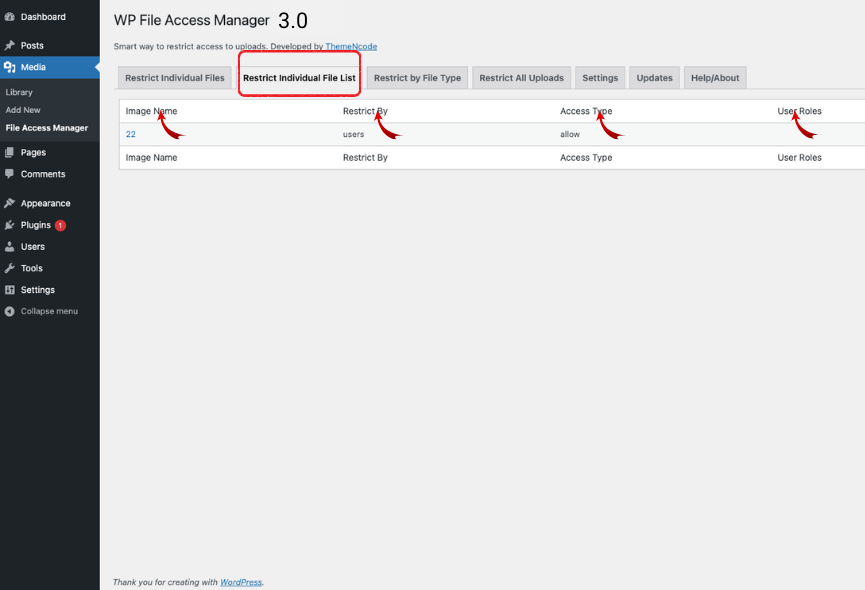 Restrictions By Individual File List under under wp file access manager