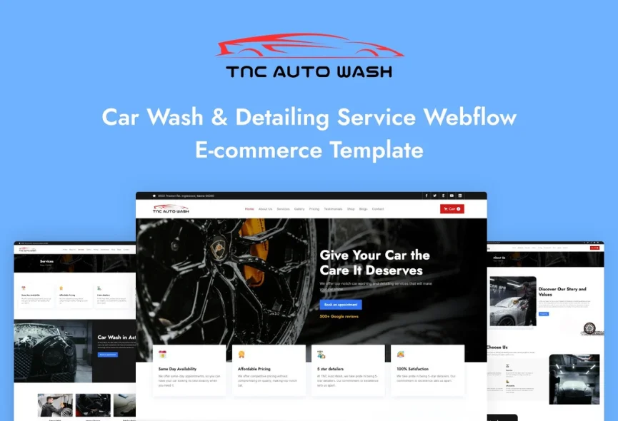 TNC Auto Wash – New Webflow Automotive Template with Preview video